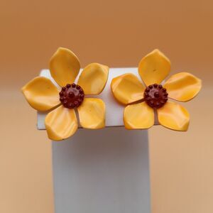 Vintage Clip On Earrings Orange Enamel Flower Brown Center